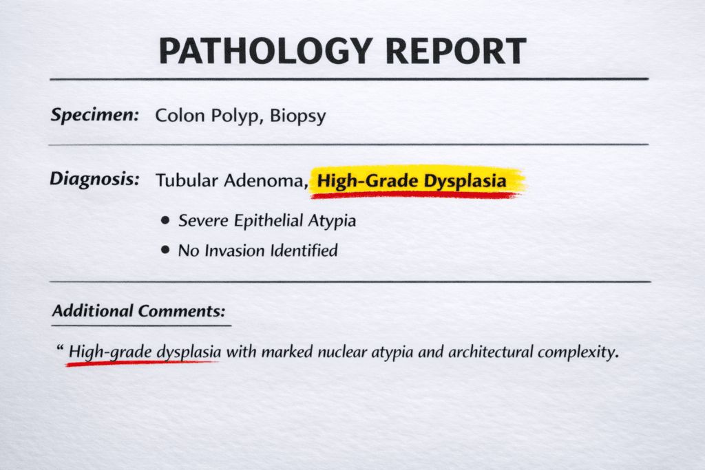 대장 선종 D12.6 보험금 고등급 이형성증 조직검사 결과 예시
