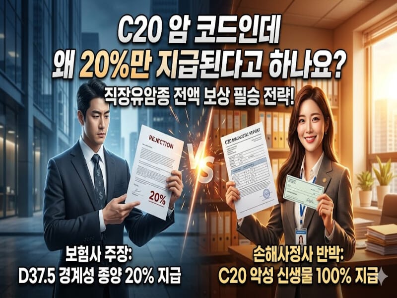 보험사의 D37.5 경계성 종양 20% 삭감 주장에 맞서, 직장유암종 암진단비 C20 100% 전액 보상 필승 전략을 제시하는 손해사정사