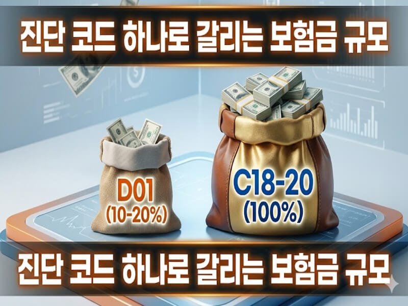 진단코드 D01 소액암과 C코드 일반암의 극명한 보험금 보상규모 차이 비교 시각화