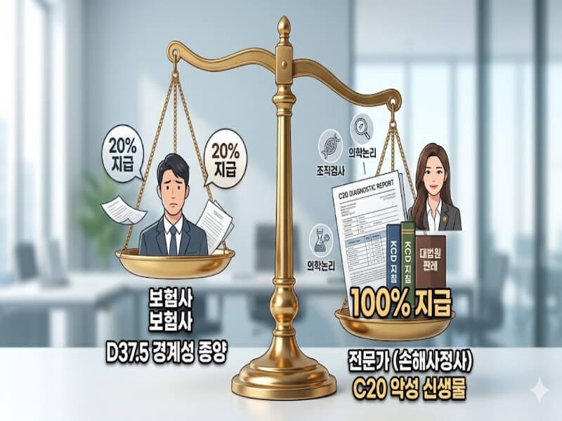 보험사의 D37.5 경계성 종양 주장과 손해사정사의 C20 악성 신생물 주장을 비교하는 저울