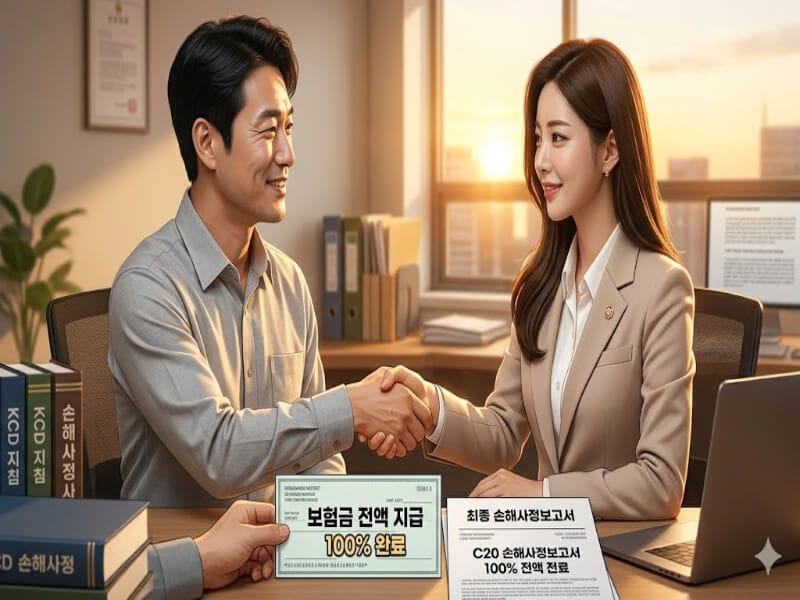 직장유암종 암진단비 100% 전액 지급을 받아내고 의뢰인과 웃으며 악수하는 전문가