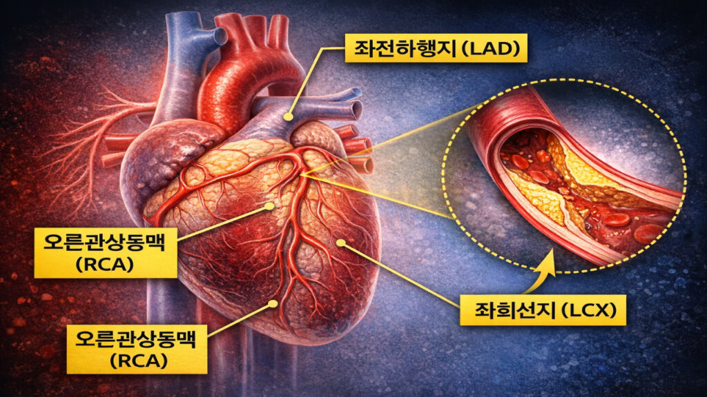 관상동맥은 LAD, RCA, LCX로 나뉘며 협착 위치가 중요합니다