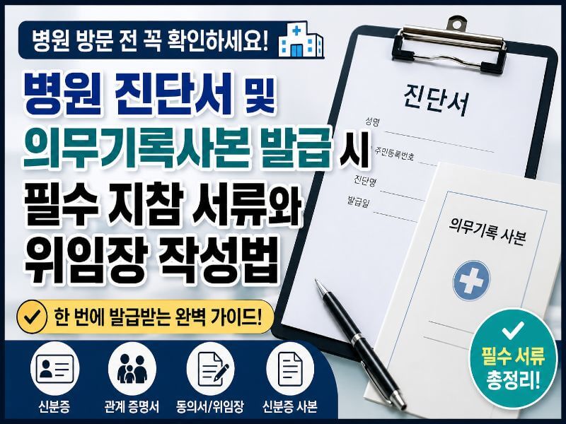 병원 진단서 및 의무기록사본 발급 시 필요한 서류와 위임장 작성 방법 안내 이미지