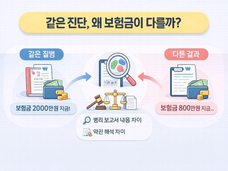 같은 진단인데 보험금이 달라지는 이유를 비교하여 설명한 인포그래픽 이미지