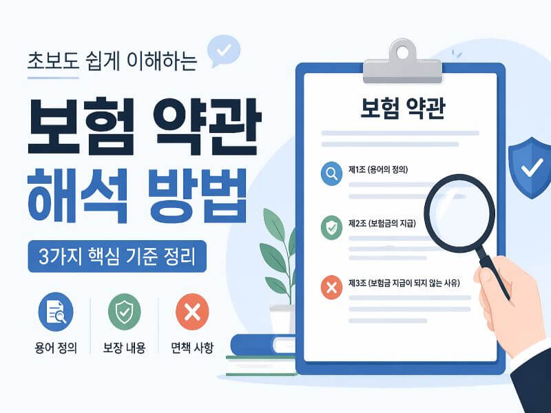 보험 약관 해석 방법을 이해하기 위한 기본 구조와 용어 정의, 보장 내용, 면책 사항을 설명한 이미지