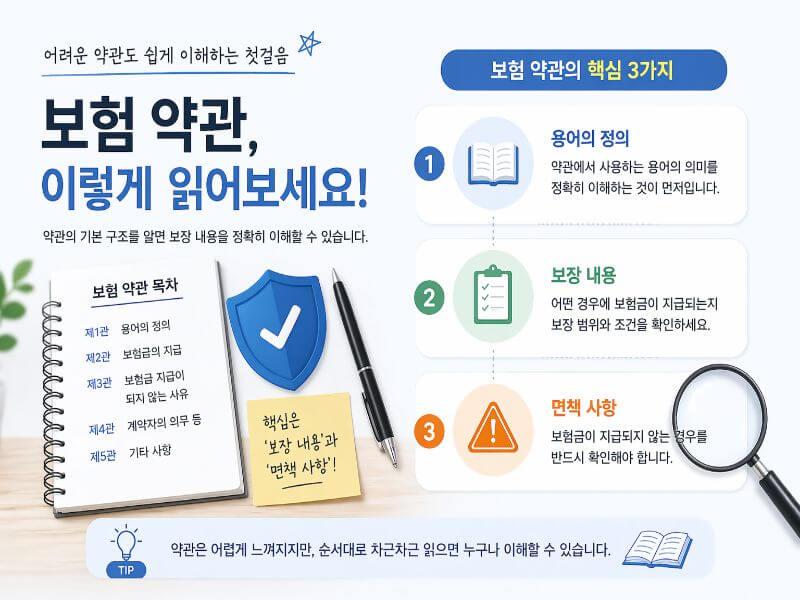 보험 약관 해석 포인트를 체크리스트 형태로 정리한 이미지로 용어 정의와 보장 범위, 면책 사항 확인 방법 설명