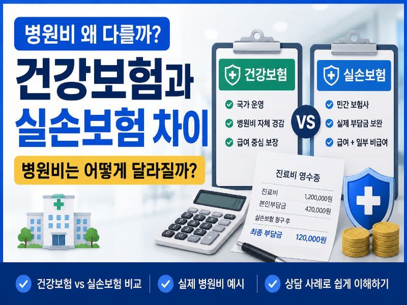 건강보험과 실손보험 차이를 병원비 예시로 비교 설명하는 이미지